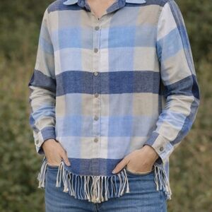 Fringed Plaid Button-Down Shirt - Blue & Beige